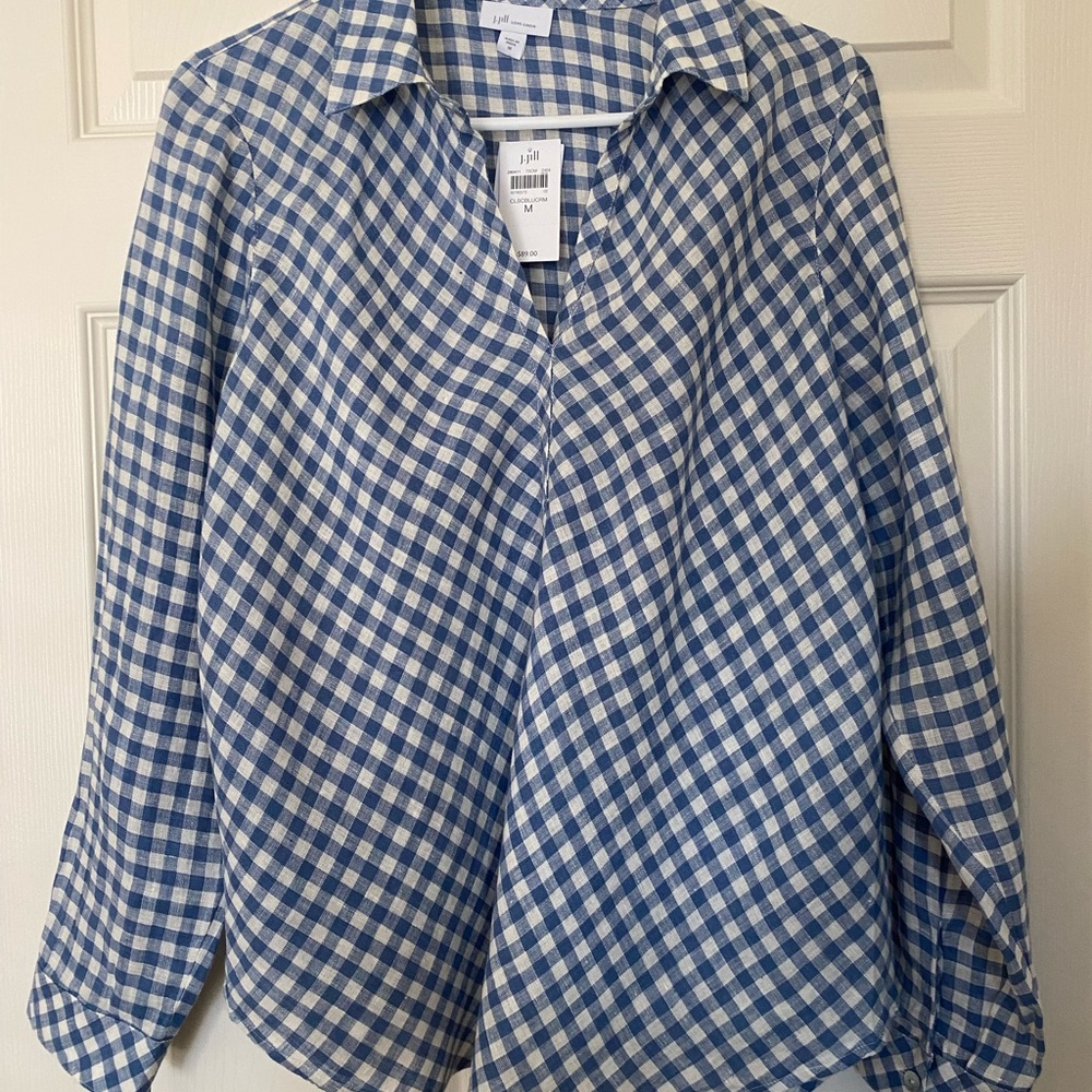 J.Jill Blue Checkered Women's Linen Top